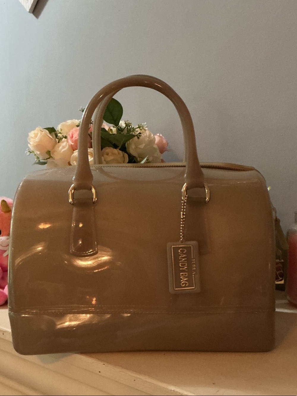 Furla Glossy Candy Taupe Patent Dome Satchel